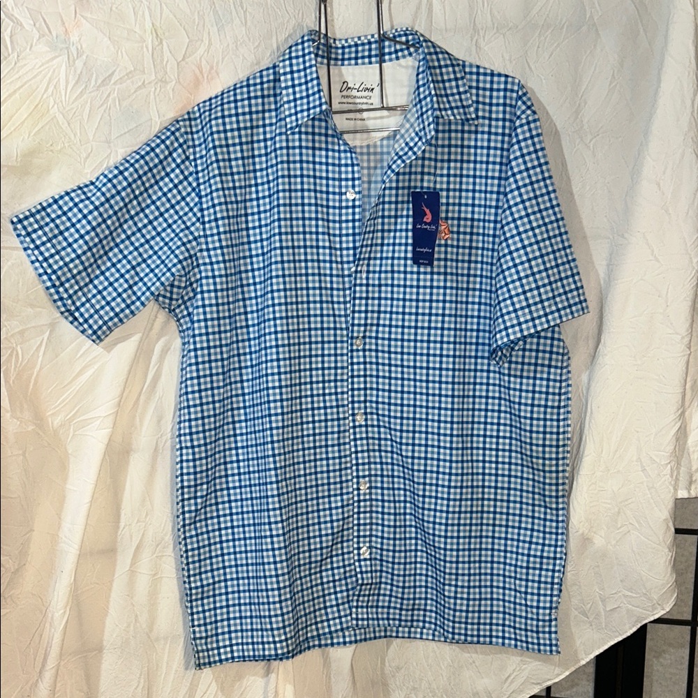Low Country Livin Men’s Blue Gingham Short-Sleeve Button-Down Shirt size medium